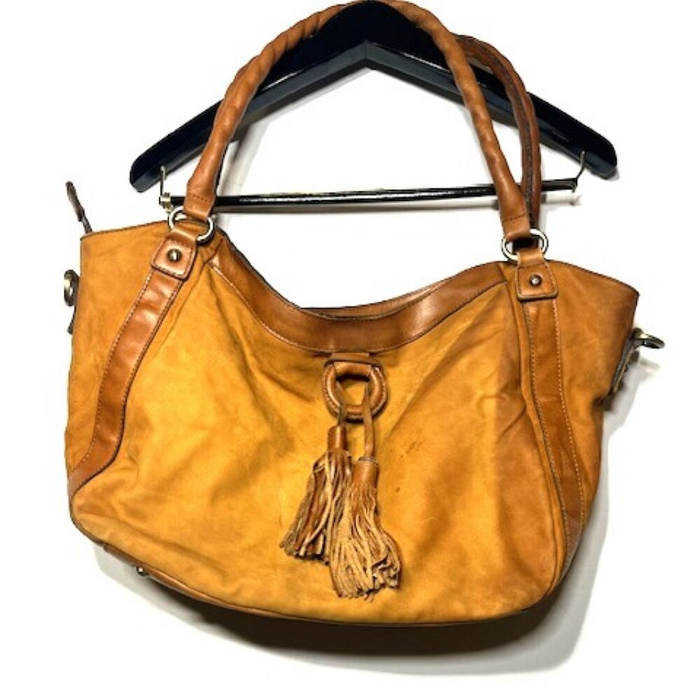 Patricia Nash Distressed Cognac Brown‎ Leather Tassel Bucket Tote Bag